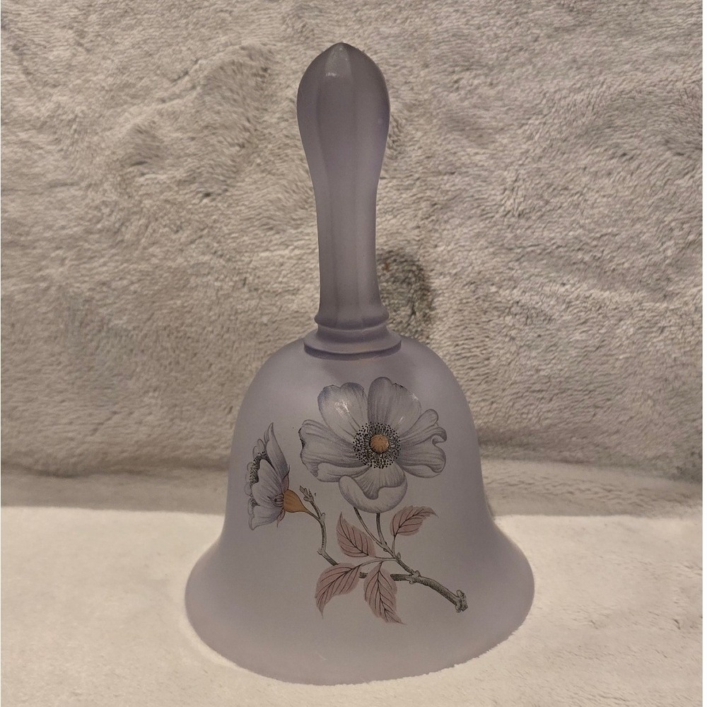 Viking Glass Frosted Lavender Satin Hand Painted Floral Dinner Bell Made in USA